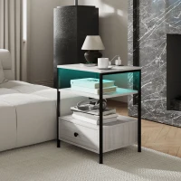 HOMCOM Set of 2 Side Tables with Charging Stations and LED Lights, End Tables with Drawer and Shelves for Living Room, Gray(m-9)