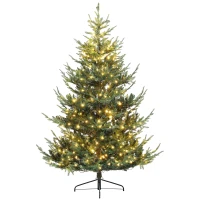 HOMCOM 7.5 ft Artificial Christmas Tree, Prelit Christmas Tree with 300 LED Lights, 1218 Branch Tips and Wide Metal Base, Green(m-1)