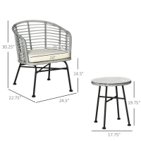 Outsunny 3 Piece Patio Bistro Set, PE Rattan with Cushioned Barrel Chairs & Glass Coffee Table, Conversation Set, Cream White(m-3)