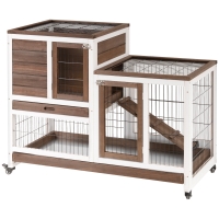PawHut Wooden Rabbit Hutch Elevated Bunny Cage Indoor Small Animal Habitat with Enclosed Run with Wheels, Ramp, Removable Tray for Rabbits, Chickens, Ducks, Guinea Pigs, Brown