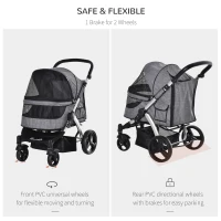 PawHut Pet Stroller Foldable Dog Cat Travel Carriage with Adjustable Handlebar PVC Wheel Brake Storage Bag Mesh Window Safety Leash Aluminum Grey(m-6)