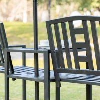Outsunny Metal Garden Bench with Middle Table and Umbrella Hole, 2-in-1 Double Patio Chairs, Outdoor 2-person Tete-a-Tete, Slatted, Black(m-9)