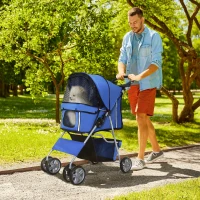 PawHut 4 Wheel Pet Stroller for Small Dogs Cats, Dog Stroller with Folding Sunshade Canopy, Pet Carrier Folding Sunshade Canopy with Brake, Safety Leash, Cup Holder, Blue(m-1)
