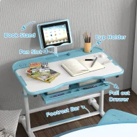Qaba Height Adjustable Kids Desk and Chair Set with Tilt Desktop, Large Writing Board, Storage Drawer, Book Stand, Blue(m-7)