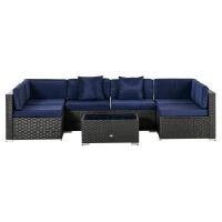 Outsunny 7 Pieces Patio Furniture Set, Rattan Outdoor Conversation Set Garden Wicker Sofa Set, Sectional Furniture, Navy(m-15)