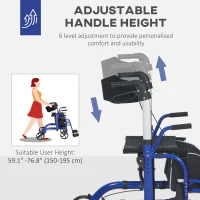 HOMCOM Rollator Walker with Seat, Folding Rolling Walker with 8" Wheels, Walker for Seniors with Adjustable Height, Blue(m-5)