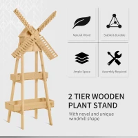 Outsunny Outdoor Plant Stand, 2 Tier Wood Flower Stand with Windmill, Garden Decor Plant Shelf with Built-in Mini Bird House, Great for Indoor/Outdoor(m-4)