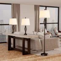 HOMCOM 3 Piece Table Floor Lamp Set with Metal Pole, Round Base, and Fabric Lampshade, for Living Room, Black/White(m-2)