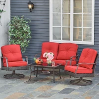 Outsunny 4 PCS Patio PE Rattan Wicker Sofa Set Outdoor Conversation Furniture w/ Two Tier Tea Table & Cushions, Red(m-1)