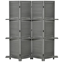 HOMCOM 4-Panel Wall Partition Room Separator with 3 Storage Shelves Foldable Design Wooden Frame 5.6FT Grey(m-11)