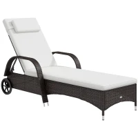 Outsunny Wicker Outdoor Chaise Lounge, 5-Level Adjustable Backrest PE Rattan Pool Lounge Chair with Wheels, Cushion & Headrest, Brown and Cream White(m-4)