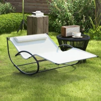 Outsunny Double Chaise Lounger Garden Rocker Sun Bed Outdoor Hammock Chair Texteline with Pillow Cream White(m-1)
