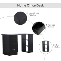 HOMCOM 47" Modern Home Office Computer Desk Bookcase Combo Writing Table Workstation with 3 Drawer and Storage Shelf - Black(m-4)