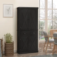 HOMCOM 72" Kitchen Pantry Storage Cabinet, Traditional Freestanding Cupboard with 4 Doors and 2 Adjustable Shelves, Large Central Drawer, X-Frame, Black(m-10)