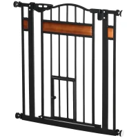 PawHut 29.1''-31.5'' Extra Wide Dog Gate with Cat Door with Stair Pressure Fit, Auto Close, Double Locking, for Doorways, Hallways, Stairs, Black(m-11)