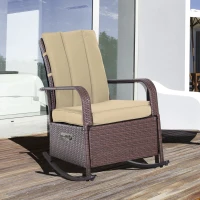 Outsunny Outdoor Wicker Rocking Chair Patio PE Rattan Recliner Chair with Cushion, Adjustable Footrest, Armrests, Khaki(m-8)