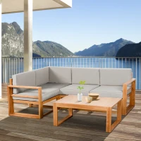 Outsunny 4 Seater L Shaped Patio Furniture Set, Wood Outdoor Sectional Sofa Conversation Set with Coffee Table and Cushions for Garden, Backyard, Porch and Poolside, Grey(m-10)