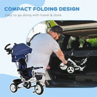 Qaba 6 in 1 Toddler Tricycle with Parent Push Handle, Canopy, Storage Baskets, Cupholder, Dark Blue(m-5)