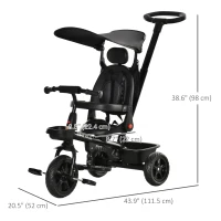 Qaba Kids Tricycle 4 In 1 Trike with Reversible Angle Adjustable Seat Removable Handle Canopy Handrail Belt Storage Footrest Brake Clutch for 1-5 Years Old Black(m-3)
