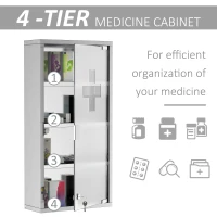 HOMCOM Wall Mount Medicine Cabinet, Bathroom Cabinet with 4 Tier Shelves, Stainless Steel Frame and Glass Door, Lockable with 2 Keys, Silver, 12" x 23.5"(m-7)