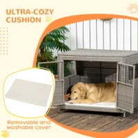 PawHut Rattan Dog Crate with Double Doors, Wicker Dog Cage with Soft Washable Cushion, Dog Kennel Furniture Outdoor Indoor for Medium to Large Sized Dogs, Gray(m-6)