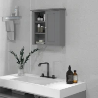 HOMCOM Bathroom Wall Cabinet, Wall Mounted Medicine Cabinet with 3 Open Shelves and Storage Cupboard for Laundry Room, Grey(m-8)