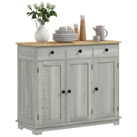 HOMCOM Kitchen Storage Cabinet, Sideboard Floor Cupboard with Solid Wood Top, Adjustable Shelf, and 3 Drawers, Light Gray(m-11)