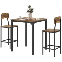 HOMCOM 3 Piece Pub Table and Chairs, Small Kitchen Table and Chairs, Square Dining Table with 2 Stools, Rustic Brown and Black(m-1)