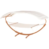Outsunny 2 Person Wood Swing Arc Hammock Bed and Stand Set with Canopy, White/Teak(m-2)