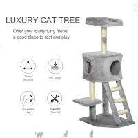 PawHut 47" Tall Cat Tree Tower with Condo, Ladder, Scratching Posts and Hanging Ball, Light Grey(m-4)