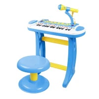 Qaba 31-Key Kids Toy Keyboard Piano, Electronic Musical Instrument with Multiple Sounds, Stool, Microphone and Bright Flashing Lights, Blue(m-1)