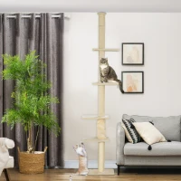 PawHut 89"-108" Floor to Ceiling Cat Tree with Scratching Post, Hand Crank & Anti-tip Kit, Cream White(m-10)