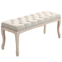 HOMCOM 43" Upholstered Entryway Bench, Linen Fabric Ottoman Stool with Button Tufted Seat, and Rubber Wood Legs for Living Room, Bedroom, or Hallway, Beige(m-11)