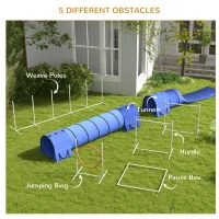 PawHut 7pc Agility Training Equipment for Dogs w/ Tunnels, Weave Poles Adjustable Hurdle, Jumping Ring, Pause Box, Blue(m-5)