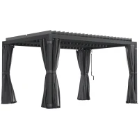 Outsunny 10' x 13' Outdoor Retractable Pergola w/ Sun Shade Aluminum Louvered Top, Pergola w/ Canopy, Curtains, Netting, Gray(m-11)