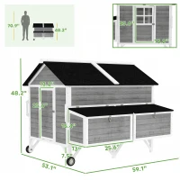 PawHut 59" Wooden Chicken Coop w/ Wheels, Handles, 2 Nesting Boxes, 2 Trays, 4 Perches, Chicken Tractor for 4-6 Chickens, Gray(m-3)