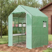 Outsunny 4.6' x 4.7' Portable Greenhouse, Water/UV Resistant Walk-In Small Outdoor Green House with 2 Tier U-Shaped Flower Rack Shelves, Roll Up Door & Windows, Green(m-2)