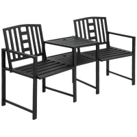 Outsunny Metal Outdoor Bench, 2-Seater Garden Bench with Middle Table, Umbrella Hole, Slatted Seat and Backrest, Black(m-11)