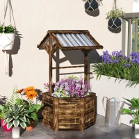 Outsunny Wooden Wishing Well Planter, Raised Garden Bed with Galvanized Canopy, Hexagon Raised Flower Bed for Garden, Tan(m-8)