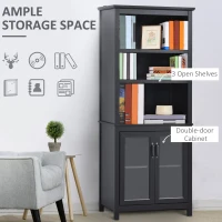 HOMCOM 71" Bookcase Storage Hutch Cabinet with Adjustable Shelves and Glass Doors for Home Office, Kitchen, Living Room, Black(m-4)