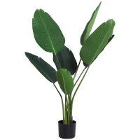 Outsunny 4FT Artificial Bird of Paradise Plant, Fake Tropical Palm Plant with 7 Banana Leaves in Pot, Faux Plant for Indoor , Green(m-11)