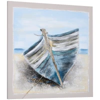 HOMCOM Boat Wall Art Hand-Painted Canvas Painting Beach Artwork Modern Framed Prints for Living Room Bedroom Decor Blue, 35.5" x 35.5"(m-2)
