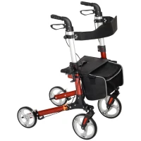 HOMCOM Lightweight Folding Rolling Walker with Large Seat, Back, Adjustable Handle, Bag, Dual Brake, Cane Holder, Red(m-11)