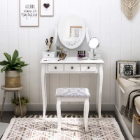 HOMCOM Wooden Vanity Table Set, Makeup Dressing Table with 360° Rotating, 5 Drawers and Padded Stool, White(m-4)