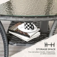 Outsunny Outdoor Coffee Table with Storage Shelf, Hand-Woven Wicker Side Table with Water-Ripple Glass Top, Mix Gray(m-5)