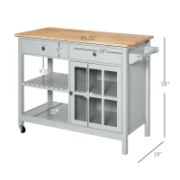 HOMCOM Rolling Kitchen Island with Storage, Kitchen Cart with Solid Wood Top, Glass Door Cabinet, Adjustable Shelf, Towel Rack, 2 Drawers for Dining Room, Gray(m-3)