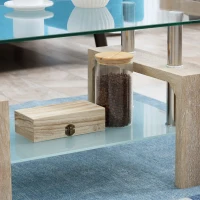 HOMCOM Rectangle Glass Coffee Table, 2-Tier Center Table with Tempered Glass Top and Storage Shelf for Living Room, Natural(m-10)