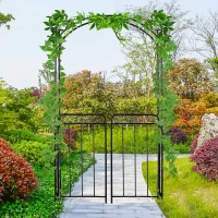 Outsunny 84" Garden Arch Arbor with Gate, Metal Arch Trellis, Garden Archway for Climbing Vines, Wedding Ceremony Decoration, Flourishes & Arrow Tips, Black(m-11)