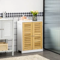 kleankin Bathroom Floor Cabinet, Side Storage Organizer Cabinet with Bamboo Doors, Adjustable Shelves for Bathroom, White and Natural(m-10)