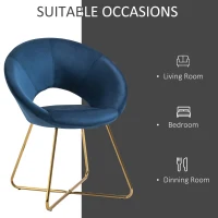 HOMCOM Modern Accent Velvet Chair Open Curved Mid-Back Upholstered Vanity Chair with Gold Plating Metal Legs for Living Room/Office/Reception Blue(m-7)